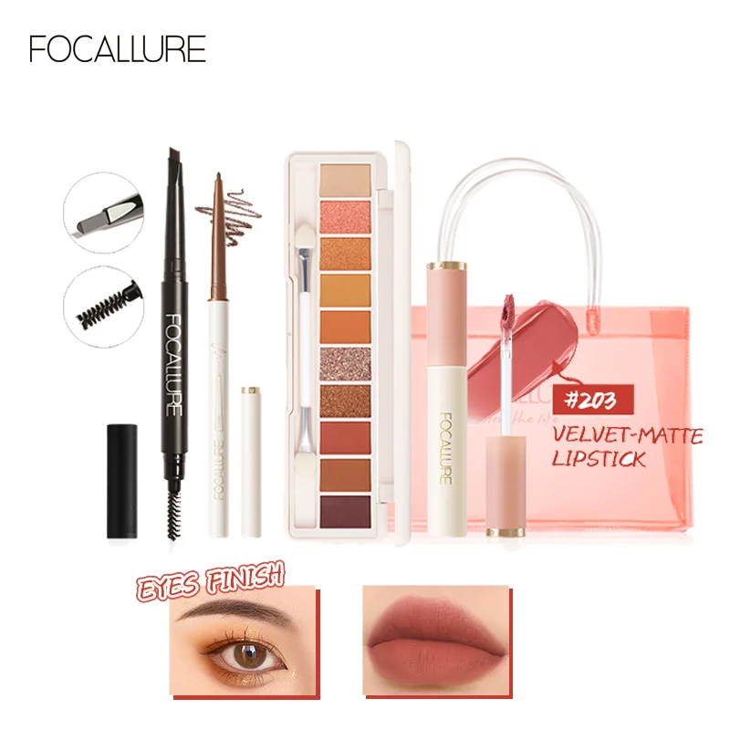 FOCALLURE 5 PCS Makeup Set Korean Style Eyeshadow Palette Waterproof Eyebrow Pencil Lightweight Eyeliner Gel and Velvet Lipstick | Красота и