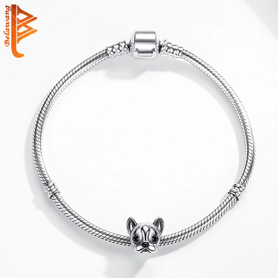 BELAWANG 925 Серебряный Браслет с привязанным французским бульдогом, животные бусины подходят для изготовления браслетов в стиле DIY.