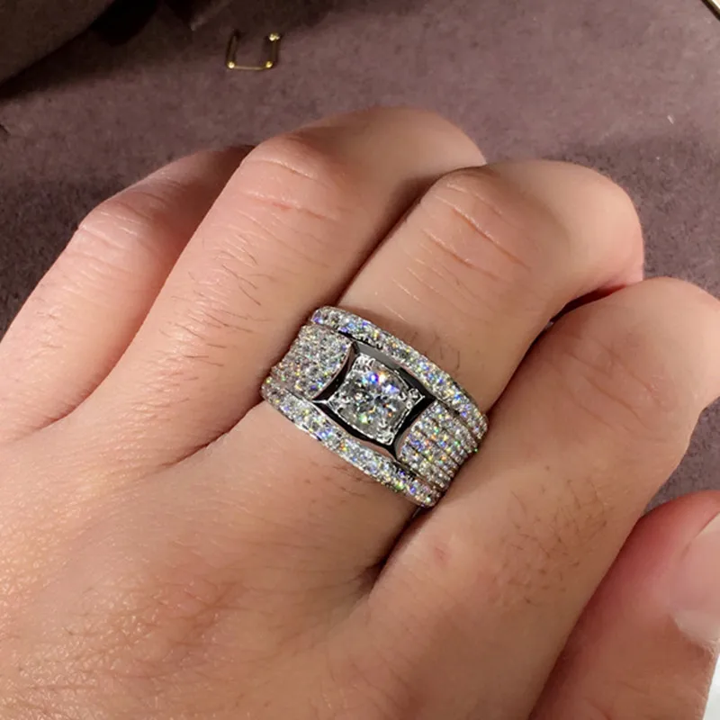 

Luxury Men's Ring 18K White gold rings for man full diamond Side Setting For Male Domineering Finger Band Shiny Jewelry