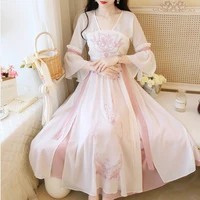2020 new pink chiffon lace ancient costume hanfu fairy dress women chinese style princess tang dynasty wedding dance costumes