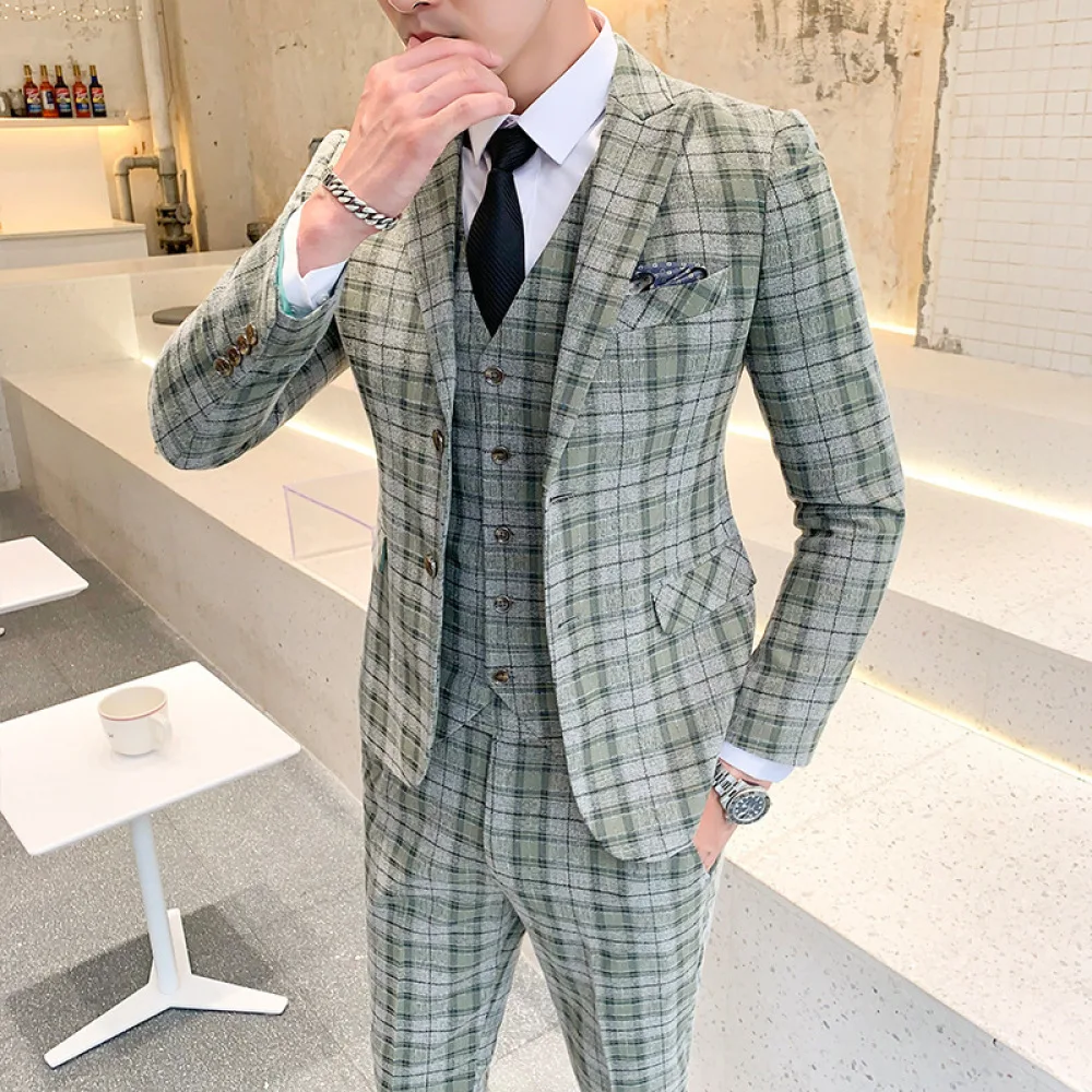 

Male Korean Version Lattice Suit Three Piece Sets (coat + Pants + Vest) Fashion Urban British Gentleman Business Large Size Sets