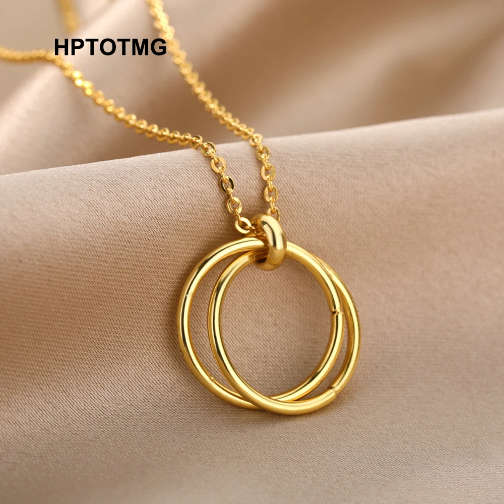 

Gothic Dual Circle Pendant Necklace for Women Men Stainless Steel Gold Chain Necklace One Piece Choker Jewelry Accessories colar