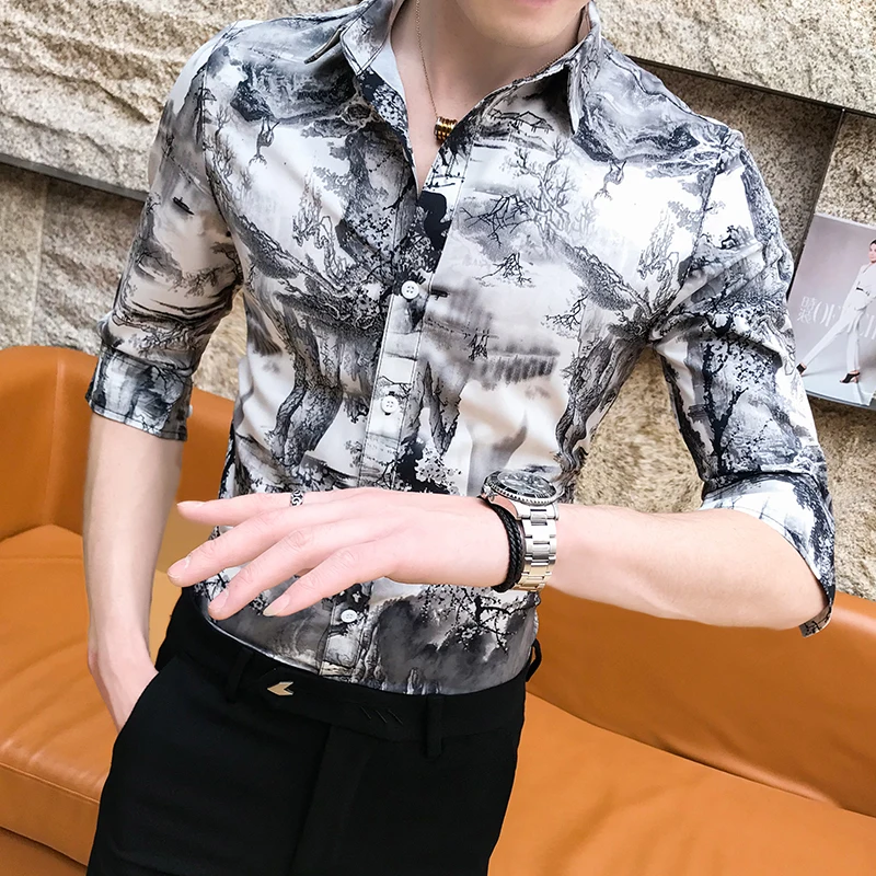 Shirts Men Dress Spring/Summer 2020 Men's Chinese Landscape Paintings Printed Sleeve Shirt Casual Three Quarter Shirt