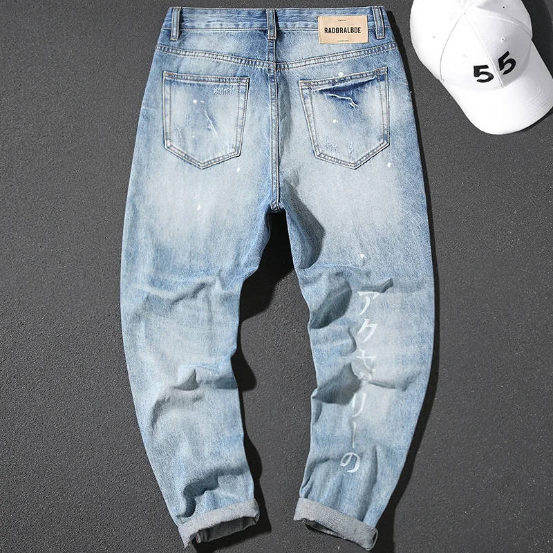 Loose Jeans Men's Spring Japanese Style Printed Ripped Cotton Light Color Trousers All-Matching Straight Casual Youth Trendy