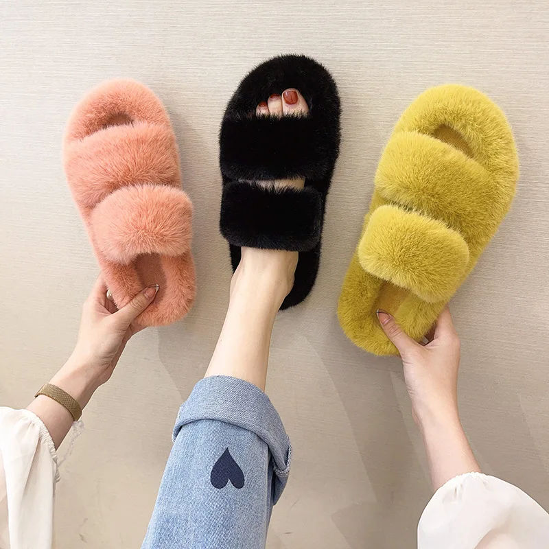 

2021 Winter Keep Warm Women Fur Furry Slippers for Home Fluffy Soft Indoor Slides Thick Flats Heel Non Slip Indoor House Shoes