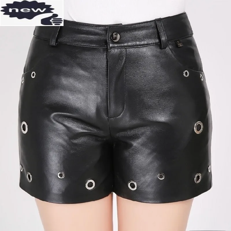 Fashion New Women Sheepskin Genuine Leather Top Quality Zipper Fly Back Pockets Button Waist Straight Female Modis Shorts