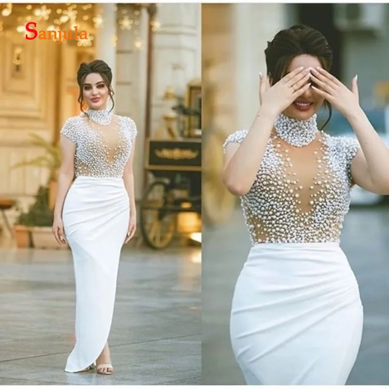 Вечерние платья с жемчугом и высоким воротом Длинные вечерние русалки в