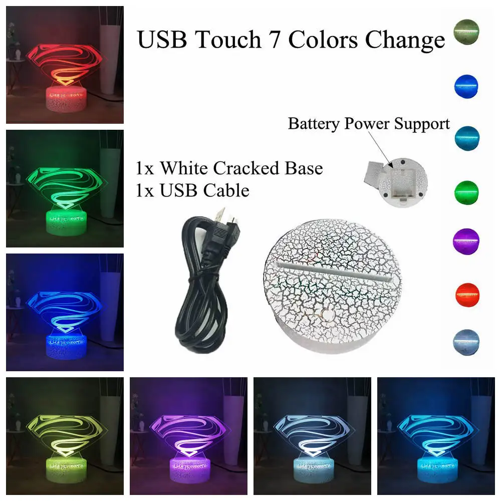 W-USB Touch 7 colors Светодиодный Ночной светильник с логотипом Супермена, символ Marvel, RGB, многоцветная USB, мини-Сенсорная 3D визуальная настольная лампа, вентиляторы фильмов, Подарочная игрушка - Испускаемый цвет: W-USB Touch 7 colors