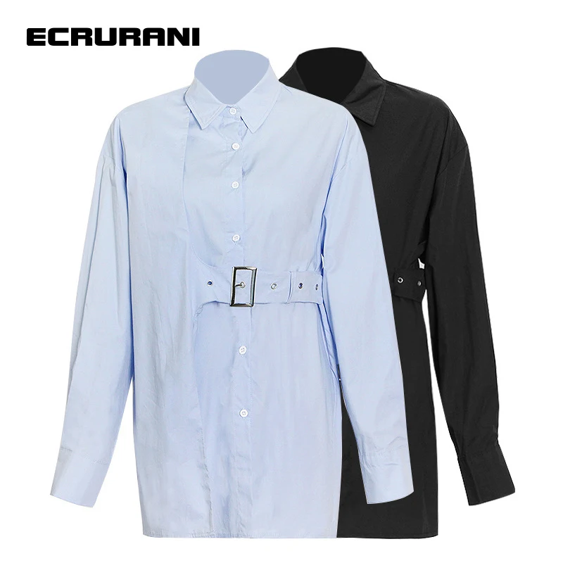 

Голубые повседневные рубашки ECRURANI для женщин, однобортные Однотонные блузки с отложным воротником и длинным рукавом, женская летняя одежда...