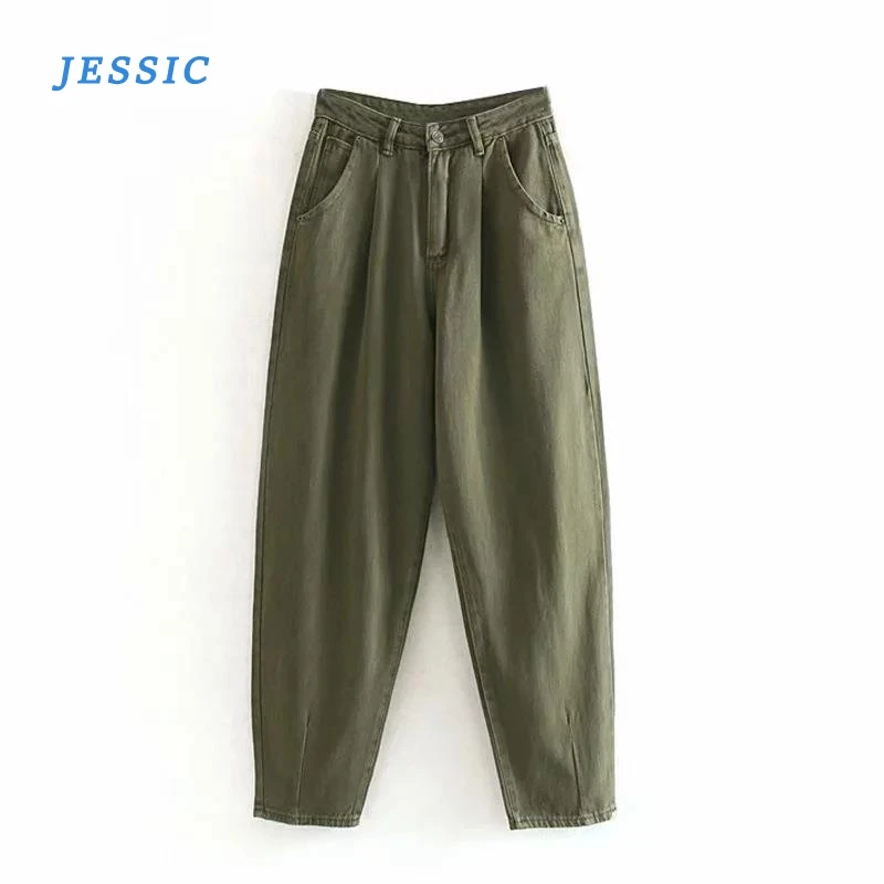 

JESSIC Women Streetwear Pleated Mom Jeans High Waist Loose Slouchy Jeans Pockets Boyfriend Pants Casual Ladies Denim Trousers