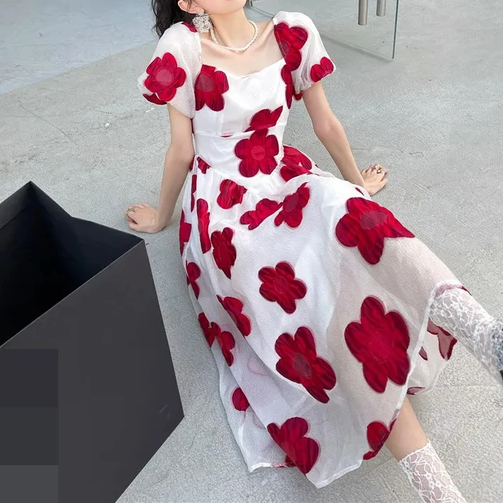 

2021 summer new white flower puff sleeve dress summer sweet fairy long french dress women korean style women dress