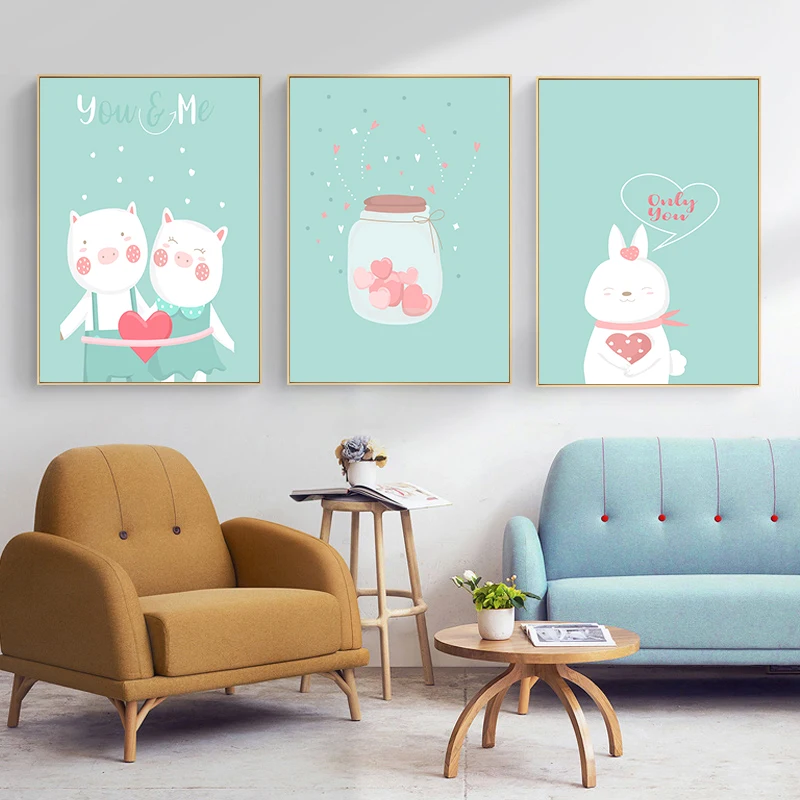 Картина на холсте с изображением счастливой любви кролика поросенка кота