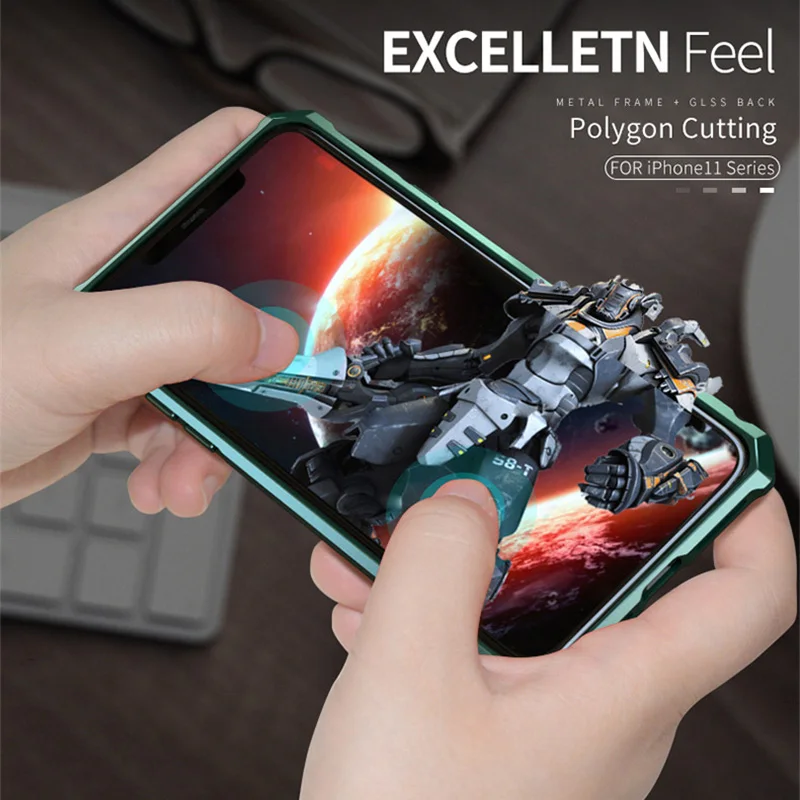 2019 New Phone Case For iPhone 11 Pro Max Snap Button Original Aluminum Metal Frame Bumper Tempered Glass Back Full Cover Funda |