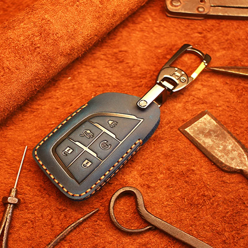 

Leather Car Key Case for Cadillac Key Case CT4 CT5 2020 Remote Key Cover Fob Keychain Ring 5 Button Key Holder Ring Accessories