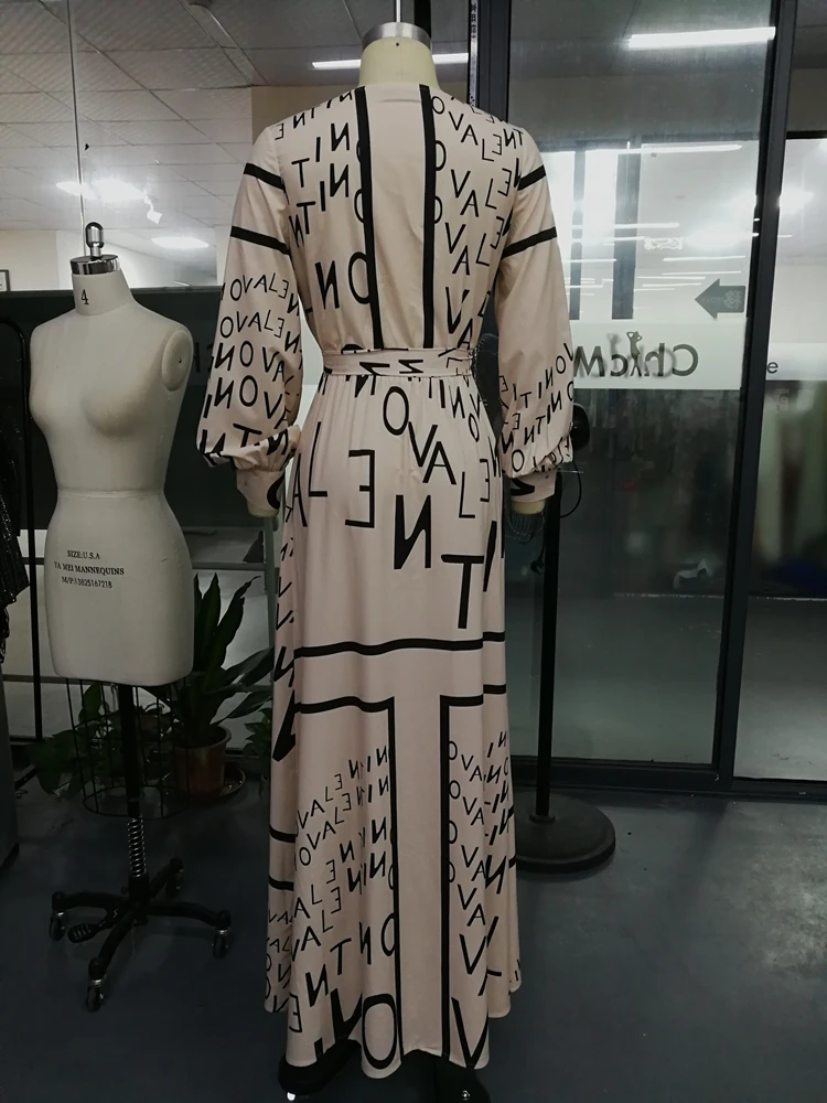 

2020 Autumn Women Elegant Vacation Holiday Party Dress Female Vintage Boho Tunic Dress Letter Print V-Neck Thigh Slit Maxi Dress