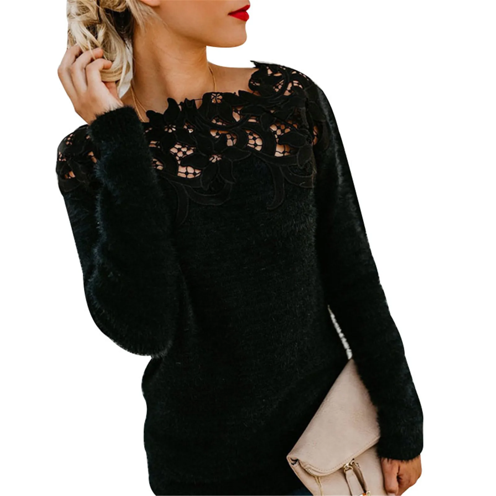 

Ladies Lace Decor Sweater Pullover Tops Solid Color Tops For Women Warm Casual Long Sleeves Woolen Loose Autumn Sweater 2021