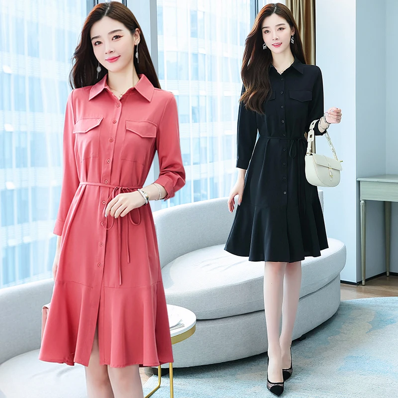 

Women Midi Shirt Dress Autumn Spring Winter Runway 2020 Elegant Korean Long Sleeve Dress Ruffles Office Lady Casual Party Dress