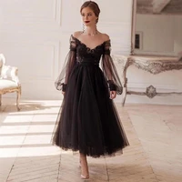 black prom dresses long puff sleeve illusion o neck lace appliques backless a line tea length tulle formal evening party gowns
