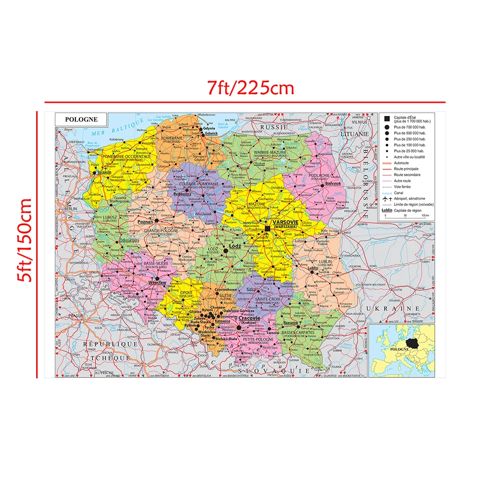 225*150 см политовская карта (на французском языке) большой плакат Нетканая холщовая