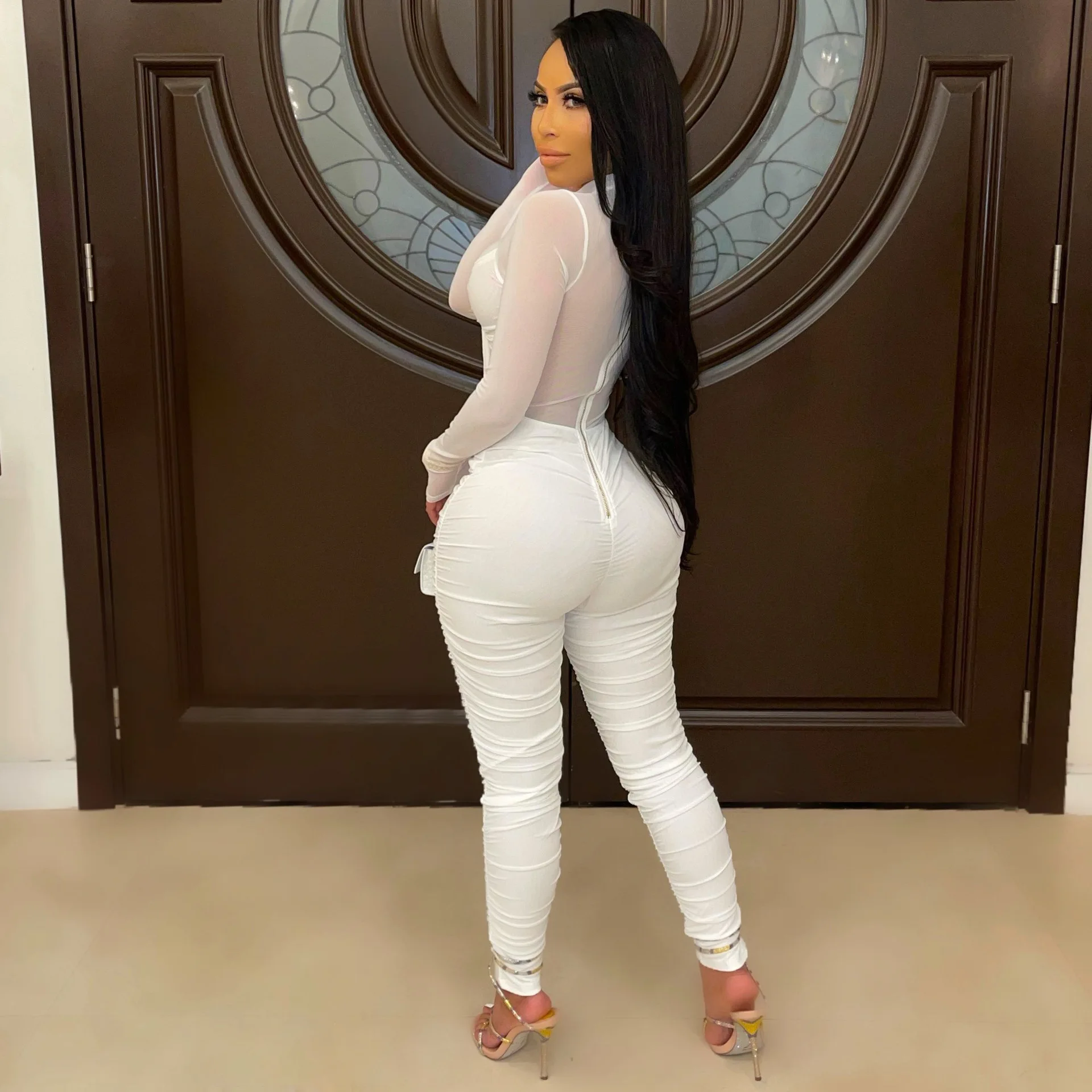 Облегающий пикантный сетчатый комбинезон с длинным рукавом высокой