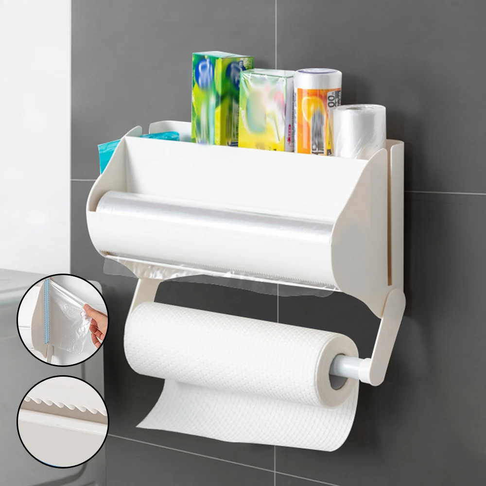 

Kitchen Mutifunction Plastic Wrap Sauce Bottle Rack Paper Towel Holder Cling Film Cutting Holder Organizer Wall Mounted
