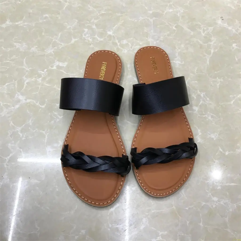 Factory direct women's leather solid color two-layer flat bottom beach seaside holiday fashion slippers | Обувь