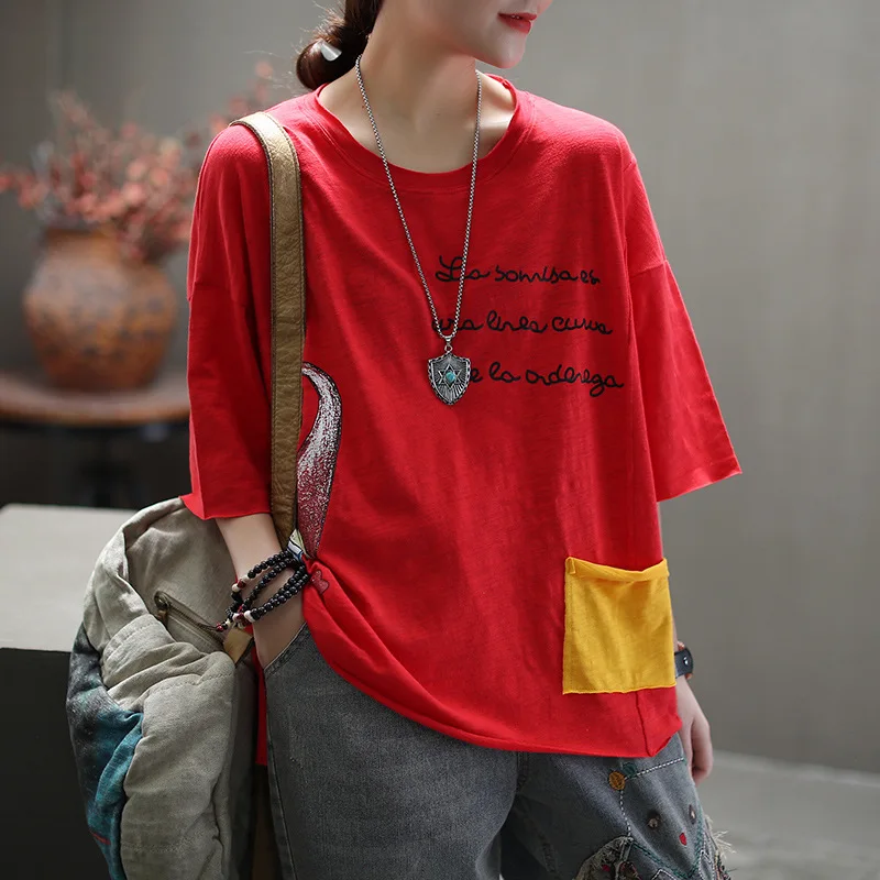 2020 Summer T-shirt Women Loose All-match Tops New O-Neck Short Sleeve Patchwork Print Character Casual Ladies | Женская одежда