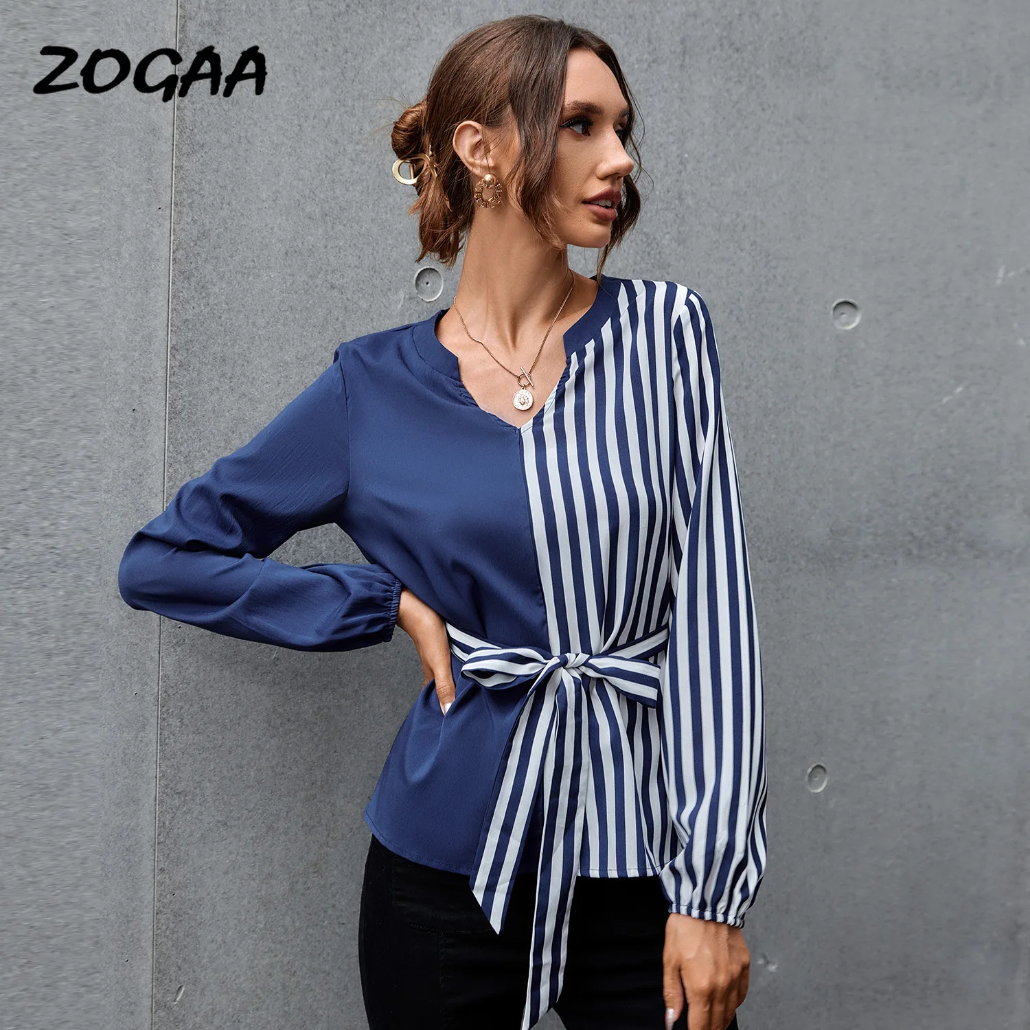 

ZOGAA Shirts Women Autumn Spring New V-neck Stitching Shirts Tops Sashes Lantern Sleeve Office Lady Blouses All-match Female Hot