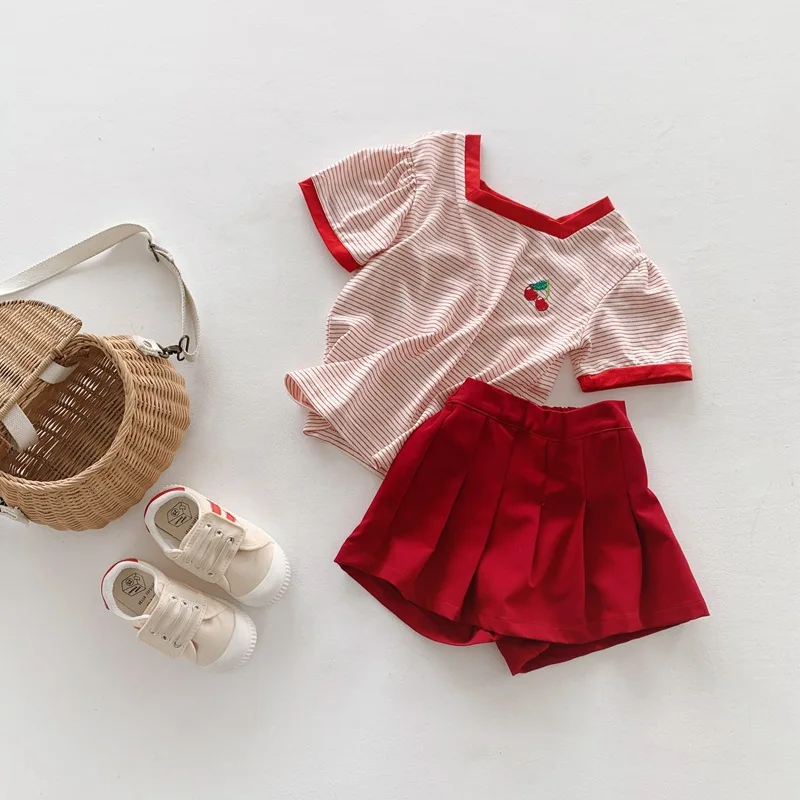 

2PCS WLG Girls Boutique Outfits Kids Clothes Summer Striped Cherry T Shirt and Ruffle Shorts Set Baby Girl Cute Clothing Set