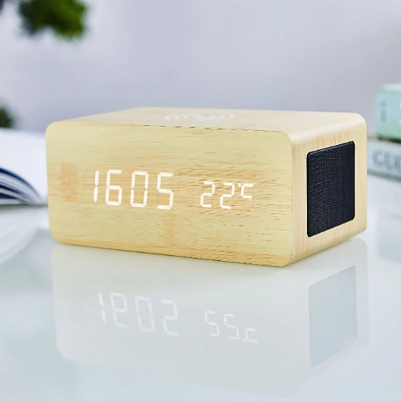 Bamboo Wooden Alarm Clock with Bluetooth Speaker Voice Control LED Digital Wireless Charging Phone Wood Temperature Table | Дом и сад