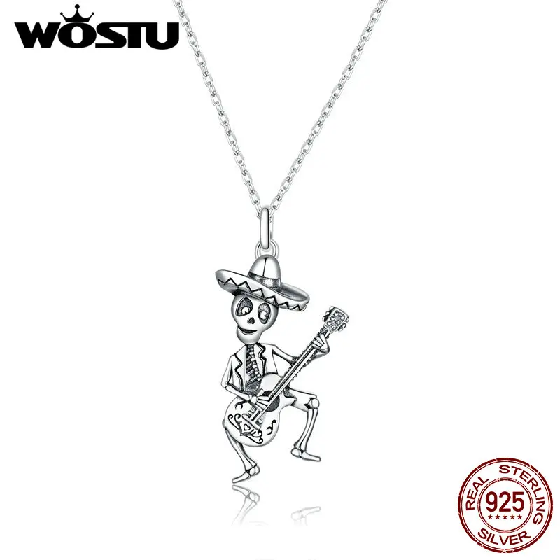 WOSTU ожерелье с черепом для мужчин и гитары серебро 925 пробы длинная цепочка женщин