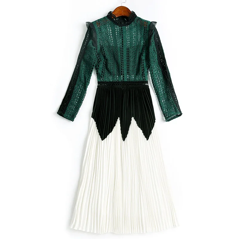 

Top Quality New 2020 Spring Summer Evening Vestido Women Color Block Lace Embroidery Patchwork 3/4 Sleeve Mid-Calf Pleated Dress