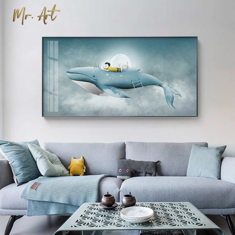 

Whale Poster Picture Animal Cartoon Wall Decor Moving House Canvas Painting Nordic Wall Art Blue Picture for Kids Children Room