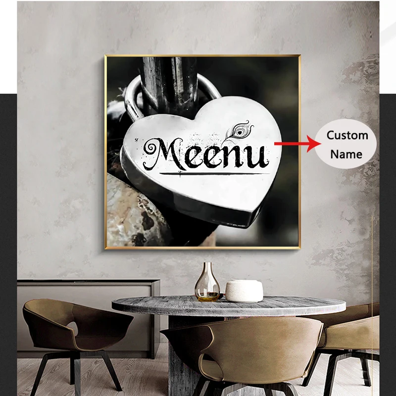 

Custom Name Poster Modern Romantic Heart Lock Wall Art Personalized Canvas Paintings Cuadros Nordic Home Room Decoration Picture