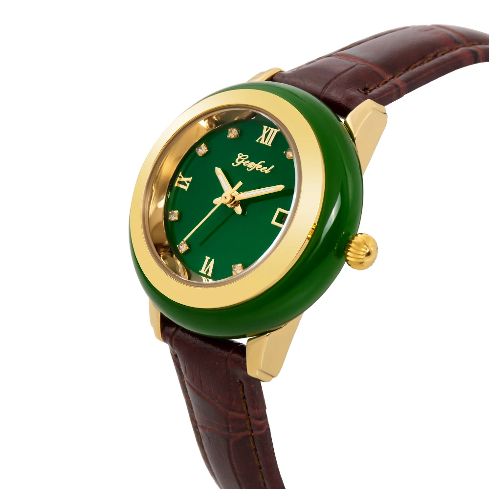 Кварцевые часы с зеленым нефритом женские водонепроницаемые календарем кожаным