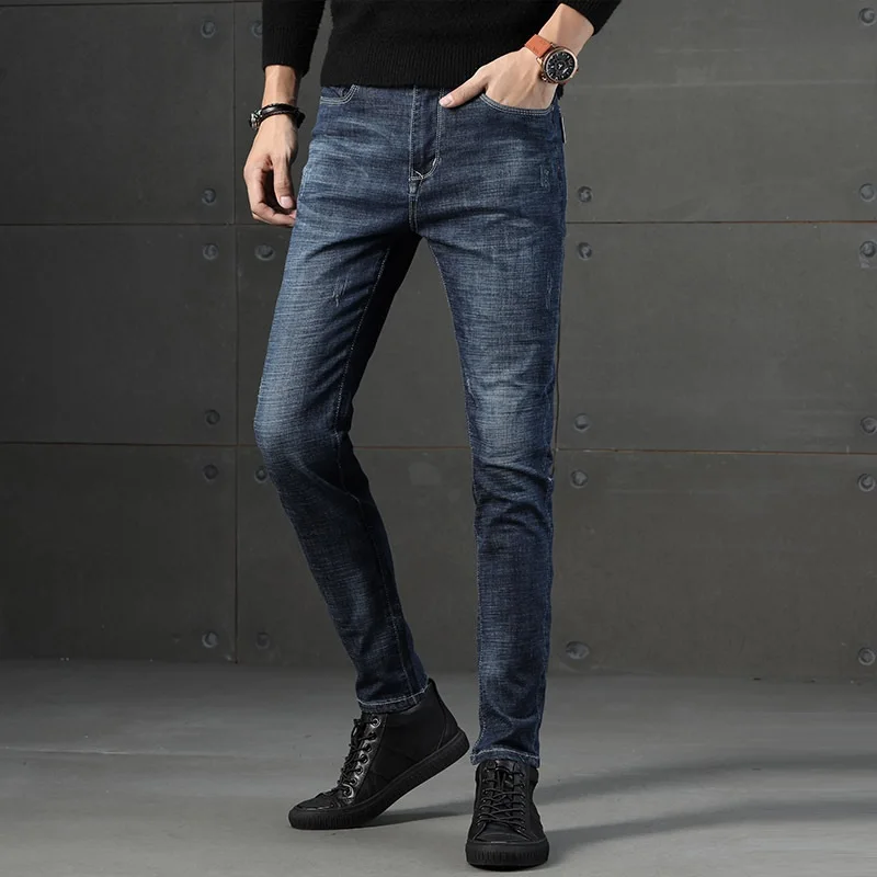 Business Casual Men Blue Jeans Stretch Slim Fit Denim Pants