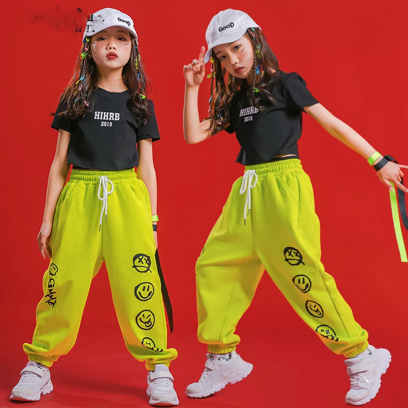 

New Ballroom Hip Hop Dance Costumes For Girls Children Black Tops Loose Pants Jazz Street Dance Outfits Rave Clothes DQS6834