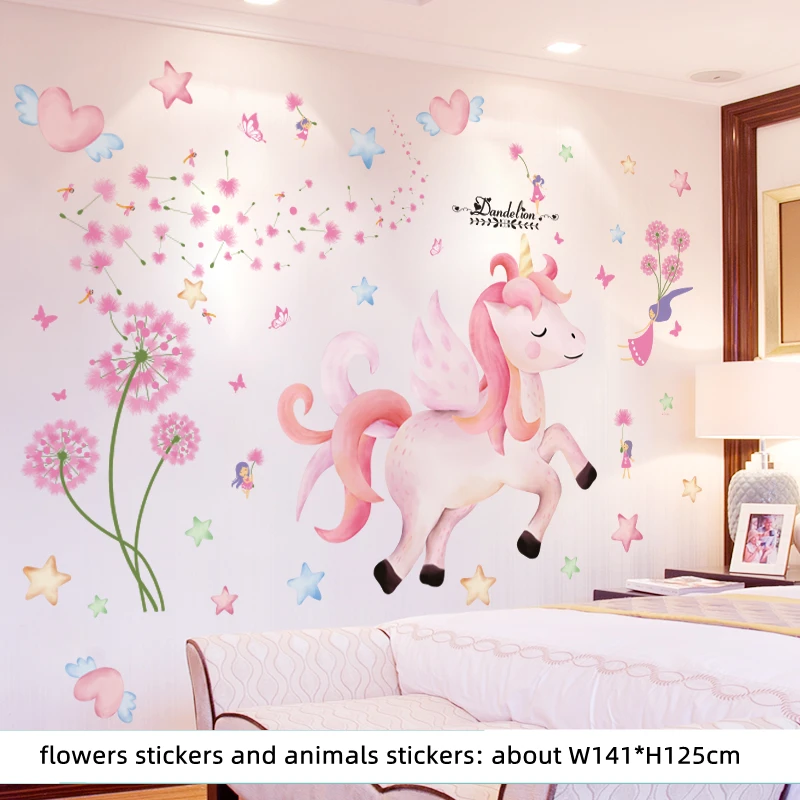

[shijuekongjian] Dandelion Flowers Wall Stickers DIY Unicorn Animal Wall Decals for Living Room Kids Rooms House Decoration