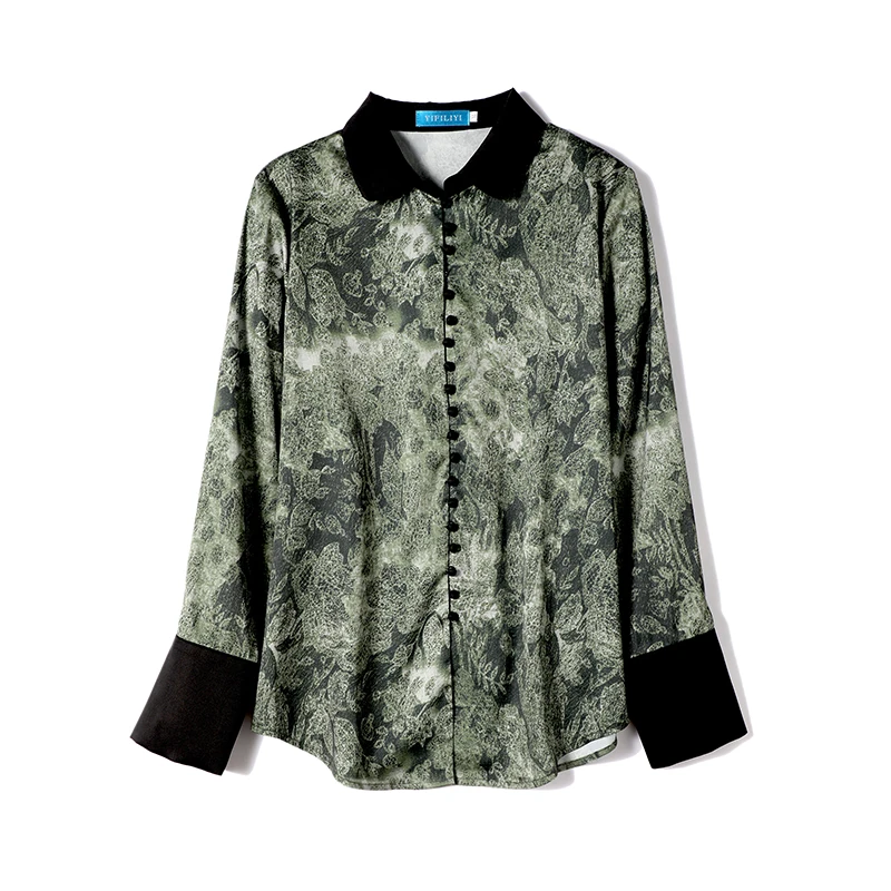 

COIGARSAM Vintage Full Sleeve Shirt Womens tops New Spring Print Chiffon Women shirts Dark Green 2156