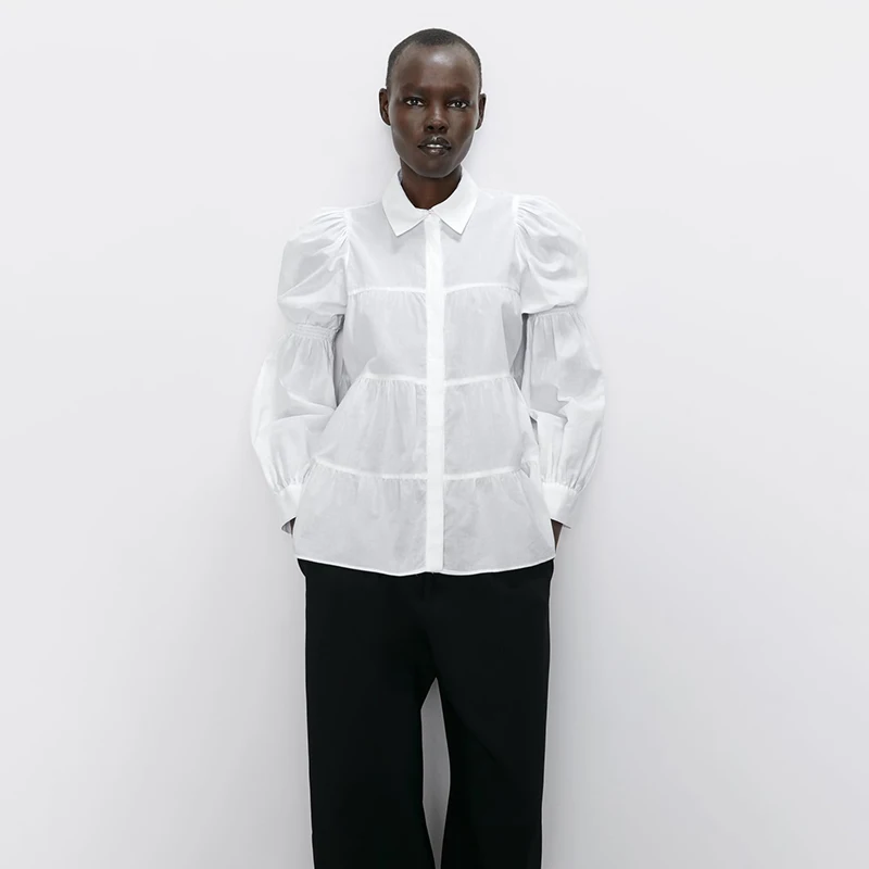 Женская однобортная рубашка ZA белая однотонная со складками и отложным