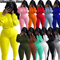 solid ribbed knitted stacked long sleeve sweater top and fitness legging jogging suits 2021 autumn activewear 2 piece pants