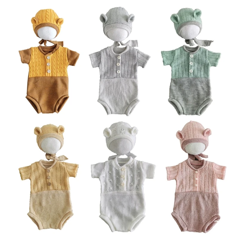 Accesorios de fotograf&iacute;a para reci&eacute;n nacidos, traje de encaje, pelele, conjunto de gorro, ropa de punto, regalos para fotos de ni&ntilde;os, 2 uds.-5