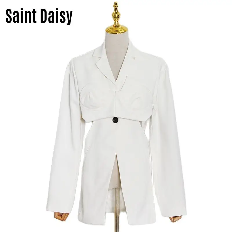 SaintDaisy Jackets for Women Female Cloth Top V-Neck Solid Polyester Single Breasted Button 44142 Fall 2021 Fashion Sexy Office