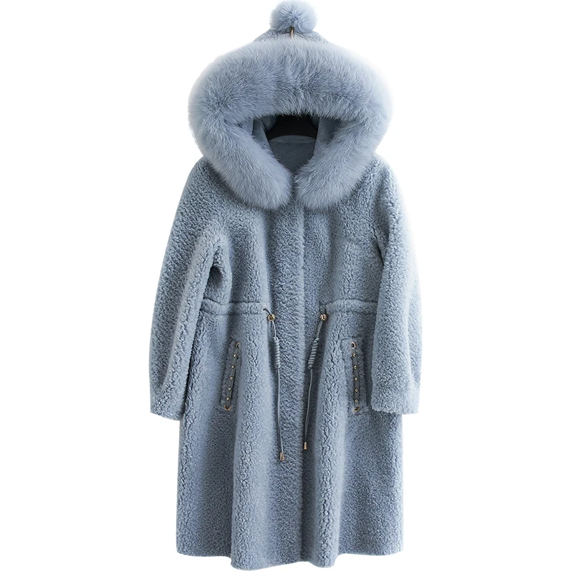 

Real 2020 Winter Jacket Sheep Shearling Korean Jackets for Women Fox Fur Collar 100% Wool Coat MY3871