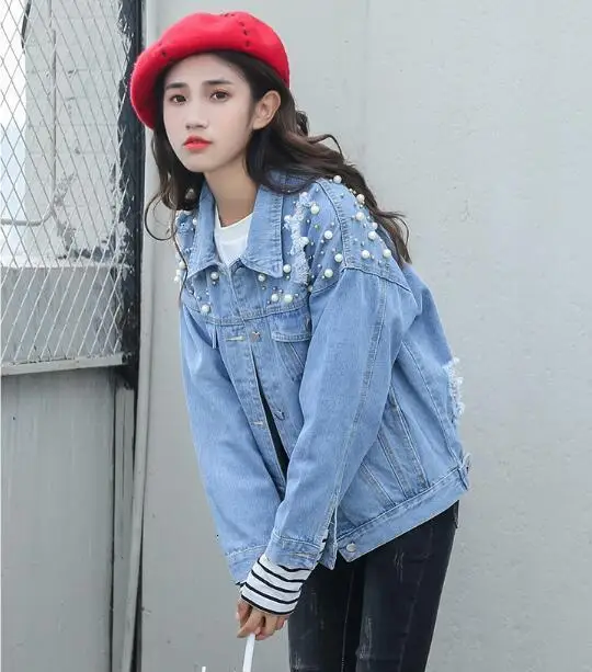 Nieuwe herfst meisjes losse denim jas BF wind korte jasje studenten джинсовая куртка топы kralen|Женские куртки| |