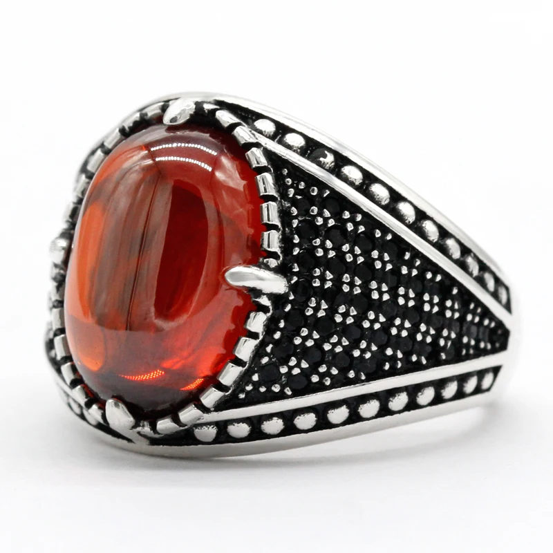 

925 Sterling Silver Men's Ring with AAA Red Zircon and Black CZ Vintage Thai Silver Turkish Jewelry Gifts for Men and Women