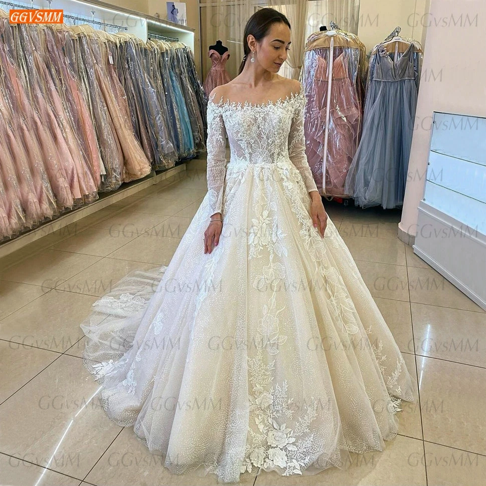

Boho 2020 Lace Wedding Dresses Long Sleeves Off Shoulder Appliqued Tulle Ball Gown Bridal Dress Women Custom Made Robe De Mariee