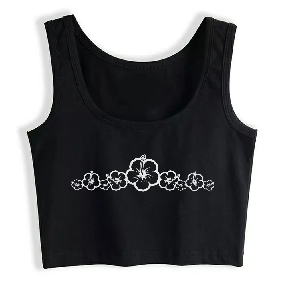 

Crop Top Sport White Hibiscus Flowers Group Hawaiian Surf Fashion Black Cotton Tops Women