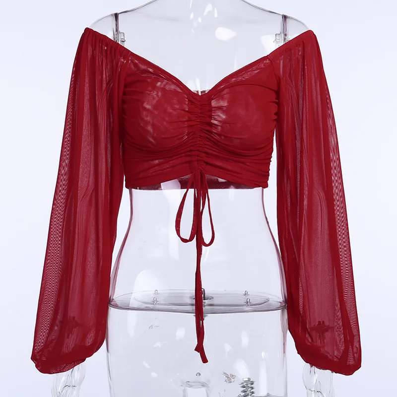 

Drawstring Ruched Sexy Blouse Women Puff Sleeve Off Shoulder Sheer Female Tops and Blouses Shirts Short Streetwear