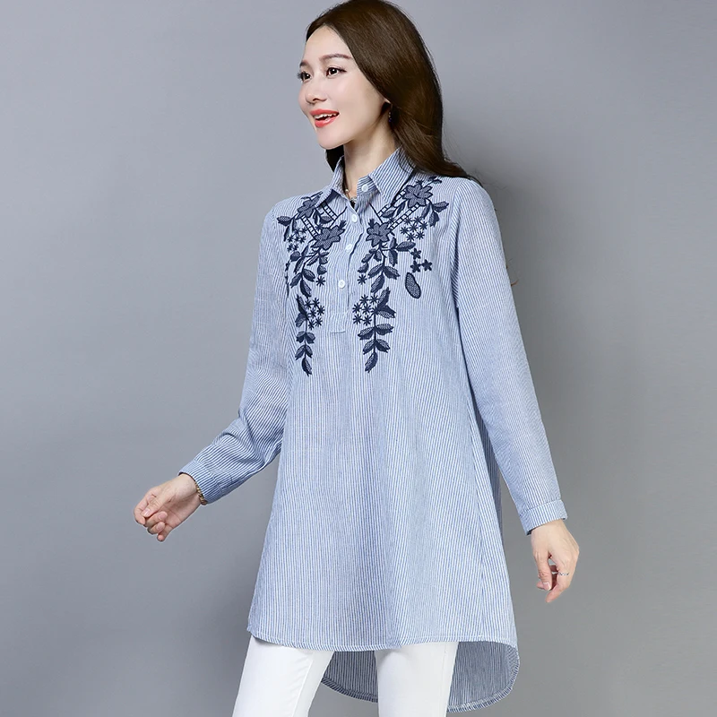 Women Vintage Cotton and Linen Stripe Shirt Fashion 2020 New Long-sleeved Lapel Shirt Embroidery Pockets Blouse Tunic Tops